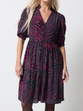 *NEW* SCAMP & DUDE Grey with Pink Leopard Tiered Short Dress, Size UK16!